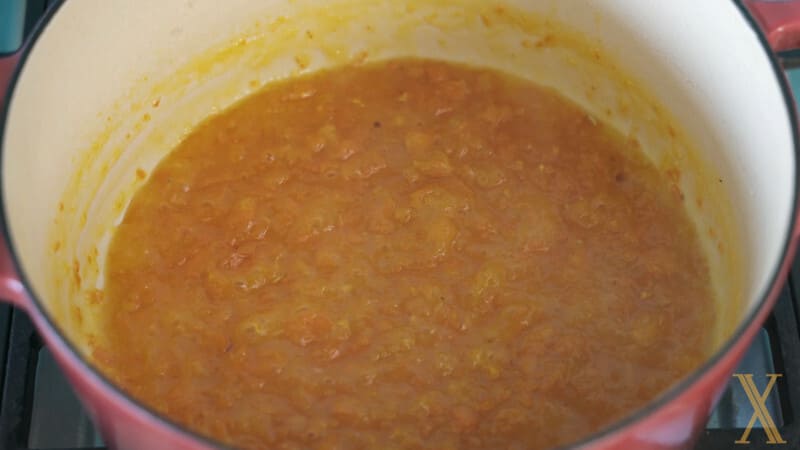 Rhubarb soup with tomato and kumquat